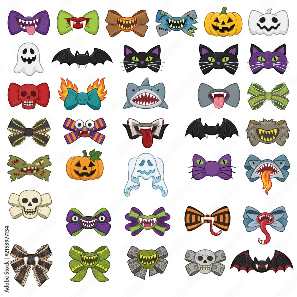 Obraz premium Halloween monster bow tie set. Scary accessories for men's costumes. Pumpkins, ghosts, bats, cat, skull, shark icons. Vector collection for print, clothing, patches, invitation