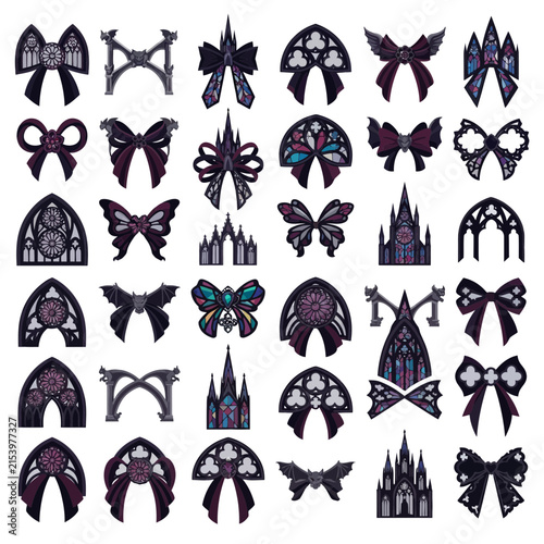 Gothic stained glass butterflies and bows, dark fantasy architectural arches and emblems. Retro vector icons set for t-shirt prints, tattoos and designs. isolated on White Background Vector SVG