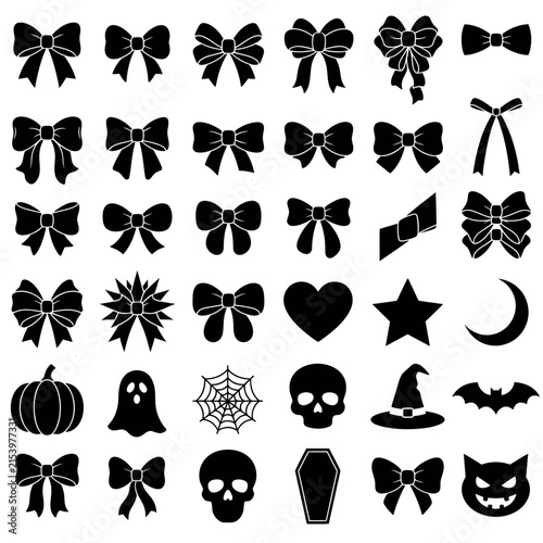 Halloween spooky icons collection, black bow tie set and skull symbols. Ghost, spider web, pumpkin, coffin vector silhouettes for holiday design. isolated on White Background Vector SVG