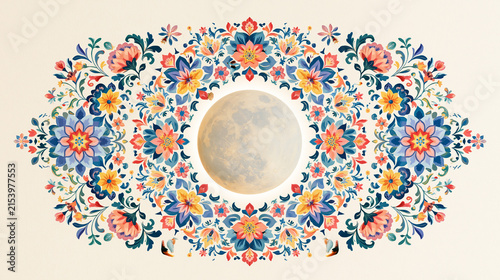 Moon Centered Inside Bright Traditional Flower Mandala
