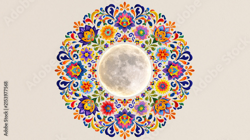 Full Moon Within an Ornate Multicolor Floral Rosette