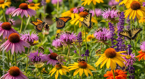 Monarch Butterfly and Bees on Coneflowers and Bee Balm