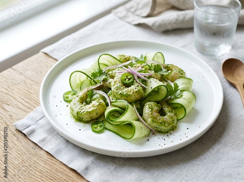 Fresh green cucumber salad with creamy avocado dressing on a plate. aguachile
