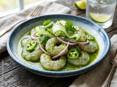 Fresh shrimp aguachile served with cucumber, onion and lime on a dark rustic wooden table. aguachile