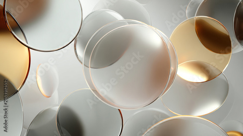 Transparent glass circles floating with golden highlights created in bright studio lighting for modern abstract backgrounds