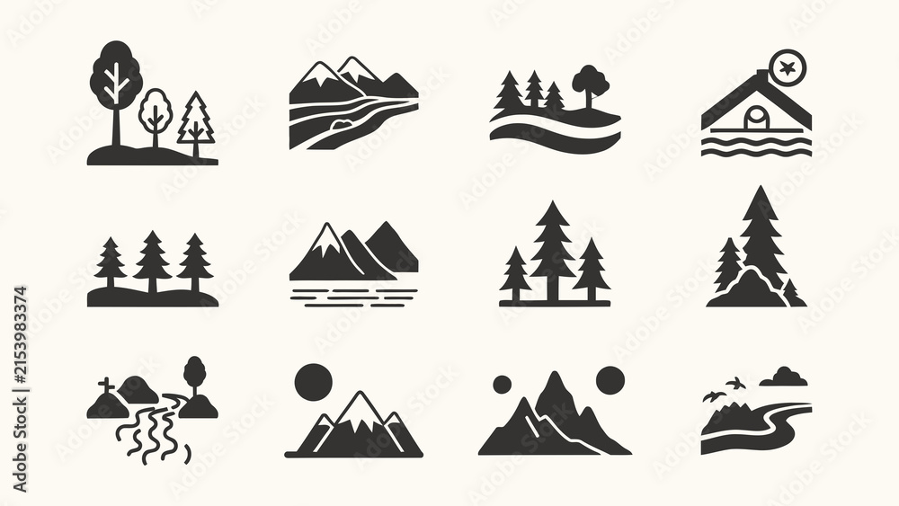Fototapeta premium Set of nature and landscape icons with mountains and trees
