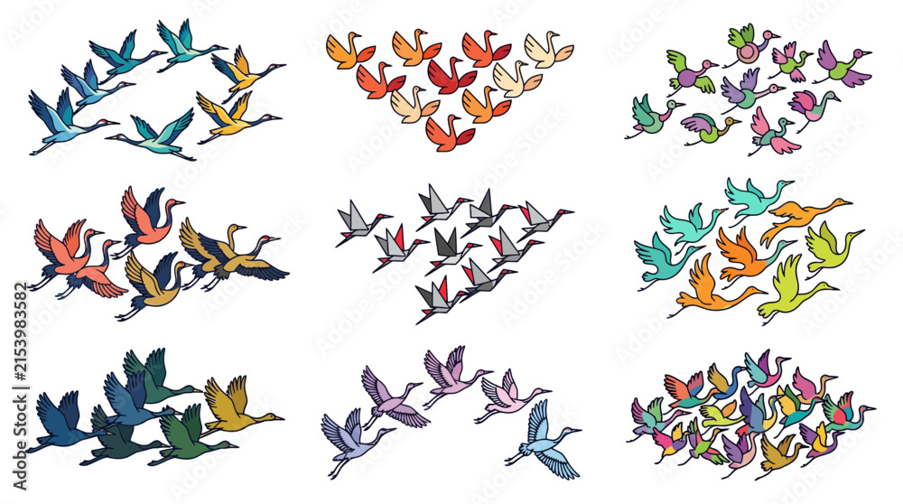 Fototapeta premium Colorful vector illustration set of migrating birds in flock formations.