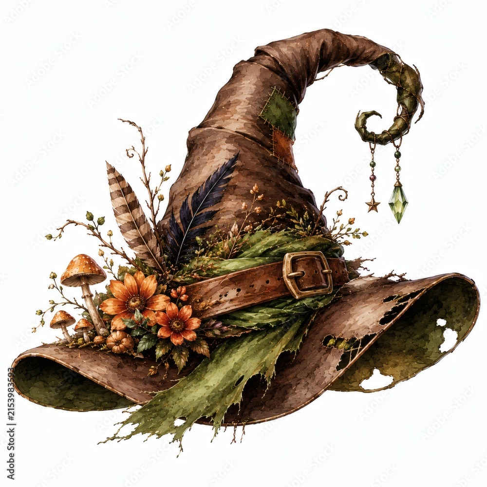Fototapeta premium Rustic Brown Witch Hat with Orange Flowers, Mushrooms and Olive Green Details