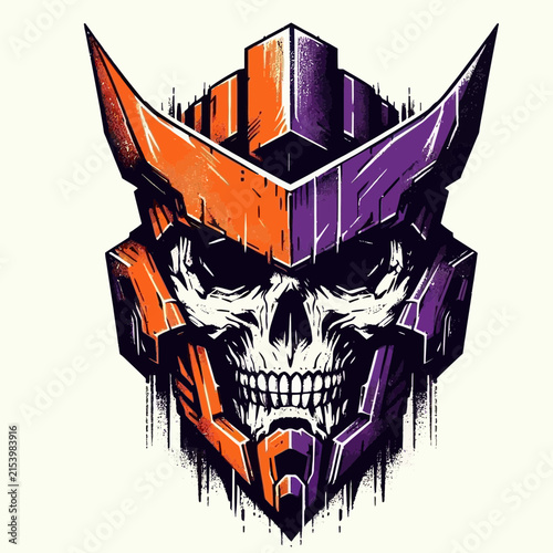 A detailed illustration of a robotic skull with orange and purple armor, featuring sharp angles and a menacing appearance.