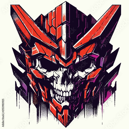 A striking illustration of a robotic skull with intricate red and purple mechanical armor, featuring sharp angles and a menacing, futuristic design.