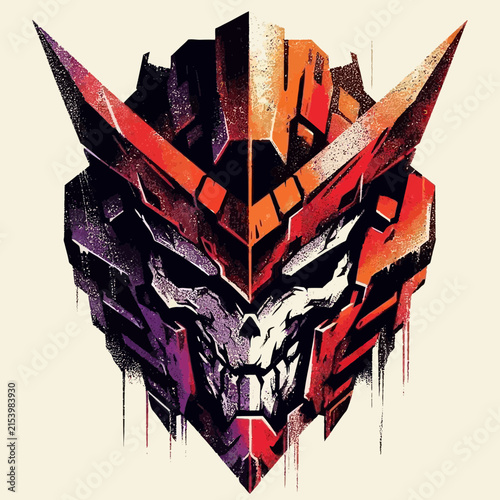 A striking abstract illustration of a futuristic mecha skull head with sharp angles and vibrant, distressed colors, blending robotic and skeletal elements.