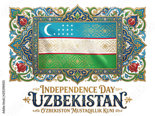 Uzbekistan Independence Day Celebration with National Flag and Traditional Ornate Floral Frame Pattern