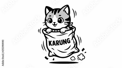 A cute cartoon kitten peeking out of a burlap sack with the word 