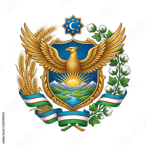 National State Emblem of Uzbekistan Featuring Golden Eagle Wheat Cotton and Scenic Mountains Illustration Isolated