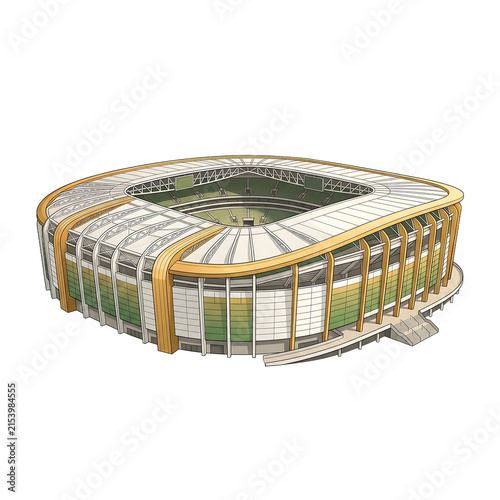 A detailed isometric vector illustration of a modern football stadium with a unique golden roof and green accents isolated on a white background