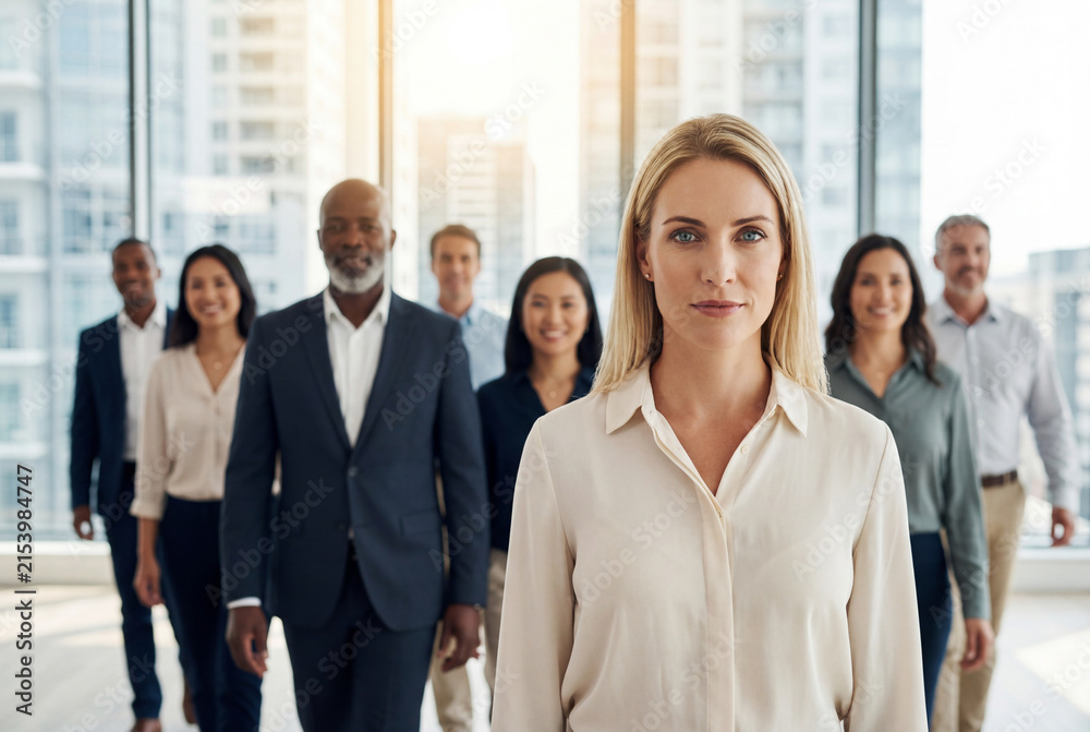 Fototapeta premium Confident female business leader walking with corporate team