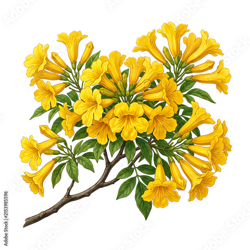 Elegant Botanical Illustration of Vibrant Yellow Trumpet Flowers on a Green Leafy Branch Isolated on White