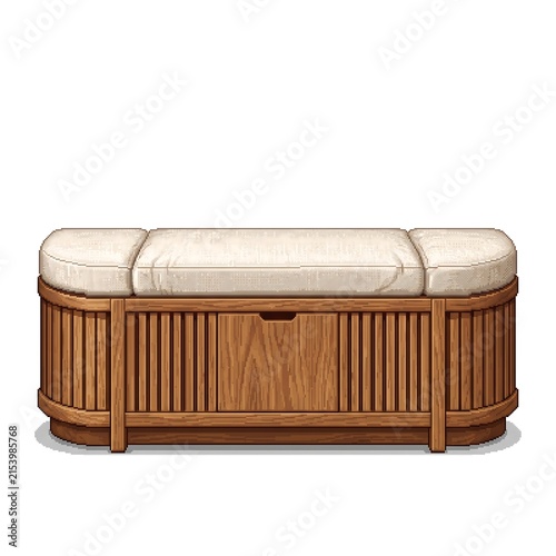 Modern wooden window bench with cream cushion for interior design and home furniture decor