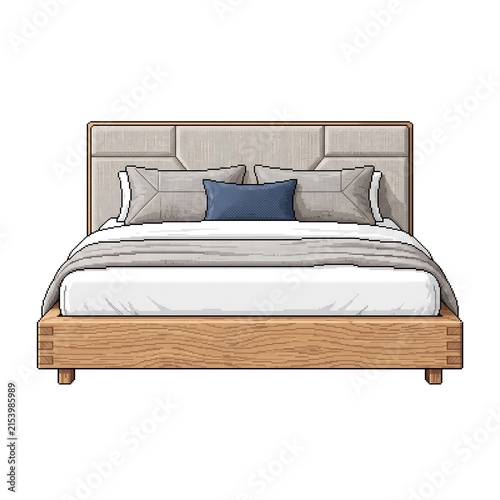 Modern wooden platform bed frame with upholstered headboard and pillows on white background