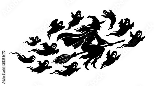 Quadro su tela Halloween Halloween witch silhouette flying on broomstick with ghosts, spooky ha