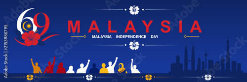 Malaysia Independence Day 69th Anniversary 2026 Patriotic Skyline Banner. national colors, and elegant typography for celebrations, events, posters, and digital promotions.