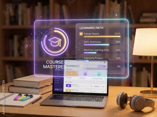 Futuristic online learning interface with Python course progress. Digital education dashboard on laptop. E-learning technology in home library.