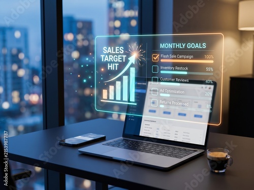Futuristic sales target hit data visualization, holographic business dashboard on laptop, digital marketing analytics and monthly goals