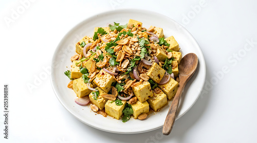 Delicious Burmese Hto-hpu Thoke yellow tofu salad with crunchy toppings, isolated on white