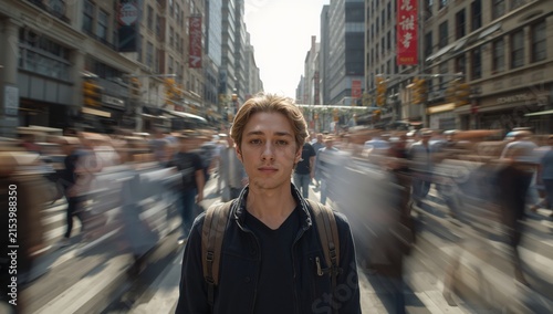Young man stands still amidst blurred crowd on busy city street
