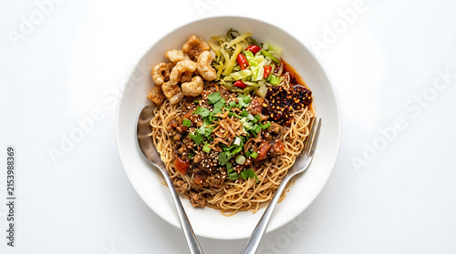 Traditional Burmese Meeshay dry noodles with savory minced pork sauce, isolated on white