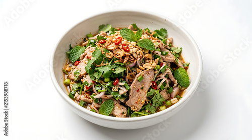 Authentic Burmese Wet Tha Thoke pork salad with fresh herbs and chili dressing, isolated on white