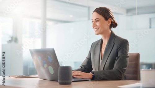 Professional businesswoman working on a laptop with AI technology in a modern corporate office, with clean space for business marketing content.