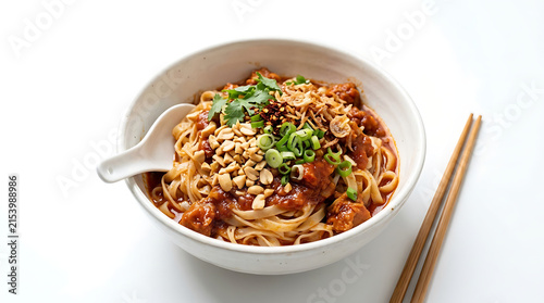 Traditional Burmese Meeshay dry noodles with savory minced pork sauce, isolated on white