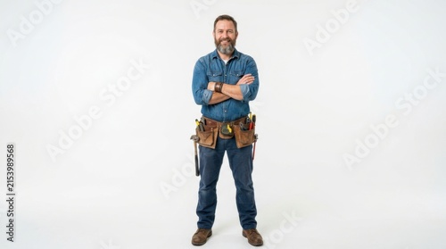 Smiling bearded handyman standing with arms crossed and wearing a leather tool belt