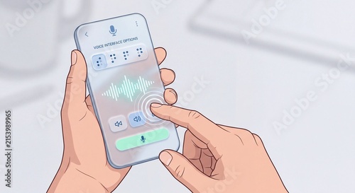 Person holding smartphone and interacting with voice interface accessibility app featuring sound wave and braille options on clean minimal workspace background