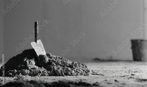 Trowel stuck in wet concrete mound on floor, bucket in background