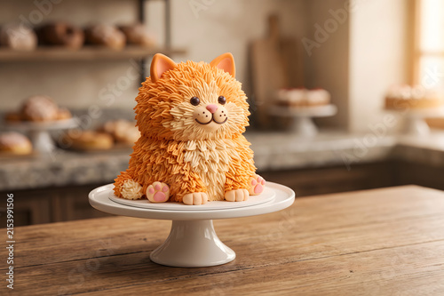 Cute Orange Cat Shaped Cake in Rustic Bakery