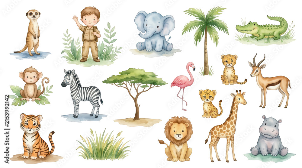 Obraz premium Watercolor illustration set featuring cute wild safari animals like lion tiger elephant zebra giraffe and little explorer boy surrounded by exotic plants and tropical trees