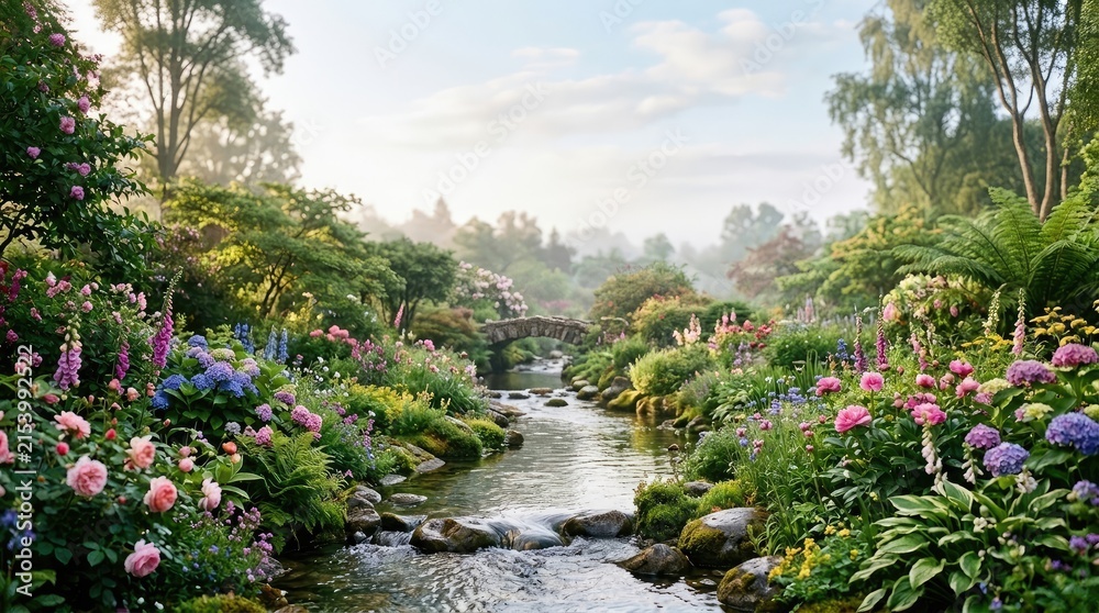 Obraz premium A serene landscape showcases a picturesque garden with a winding stream and a charming stone bridge. Lush, vibrant flowers in shades of pink, purple, and blue bloom abundantly along the banks.