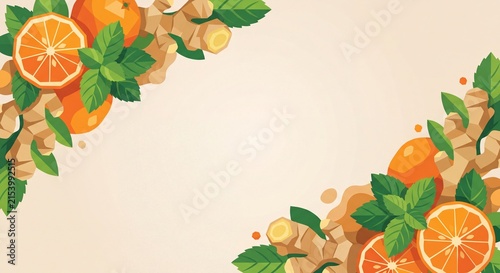Fresh ginger roots orange slices and mint leaves arranged as corner decorative borders on clean beige background with wide empty copy space for text