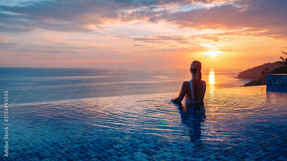 Fototapeta premium Relaxed woman enjoys serene sunset view from inside an infinity pool overlooking the calm vast ocean