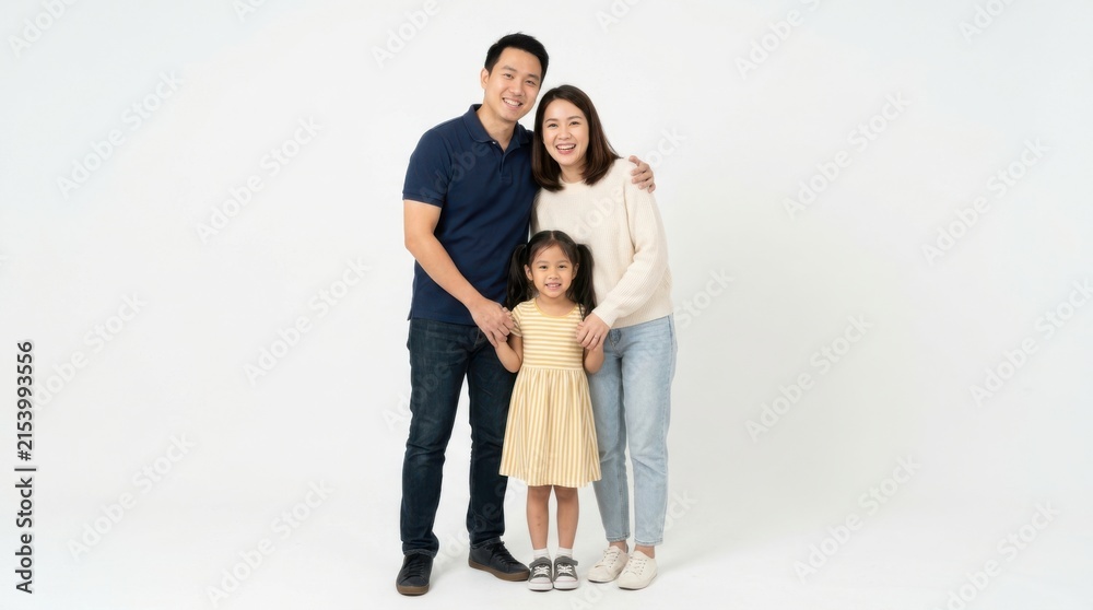 Fototapeta premium Happy Asian family with father mother and little daughter standing together