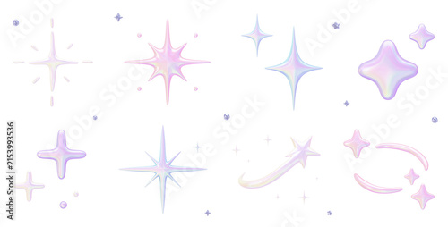 Aurora Pastel Holographic Collection - Sparkle Star Icon Set - Transparent 3D PNG Elements