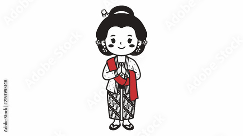 A charming cartoon illustration of a woman in traditional Javanese attire, with her hands clasped in a welcoming gesture.