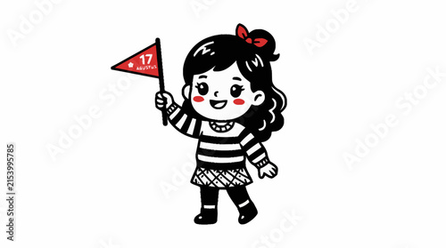 A cute cartoon girl with black hair and a red bow, wearing a striped shirt and plaid skirt, happily holding a red flag with the number 17.