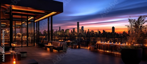 Luxury Rooftop Lounge With Panoramic City Skyline View At Sunset