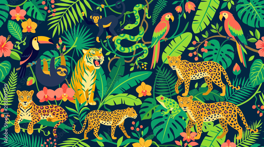 Obraz premium Vibrant Jungle Scene Showcasing Leopards and Tigers Amid Dense Foliage.