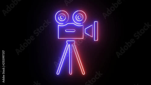 Vintage movie camera neon light animation on black background old cinema technology concept.