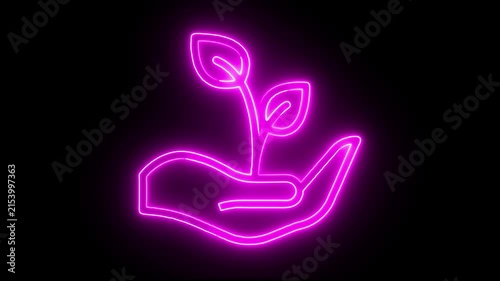 Neon glowing hand holding young sprout plant motion graphic isolated on black background for environmental nature concept.