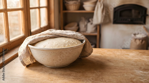 Rising Bread Dough in Rustic Bakery Kitchen